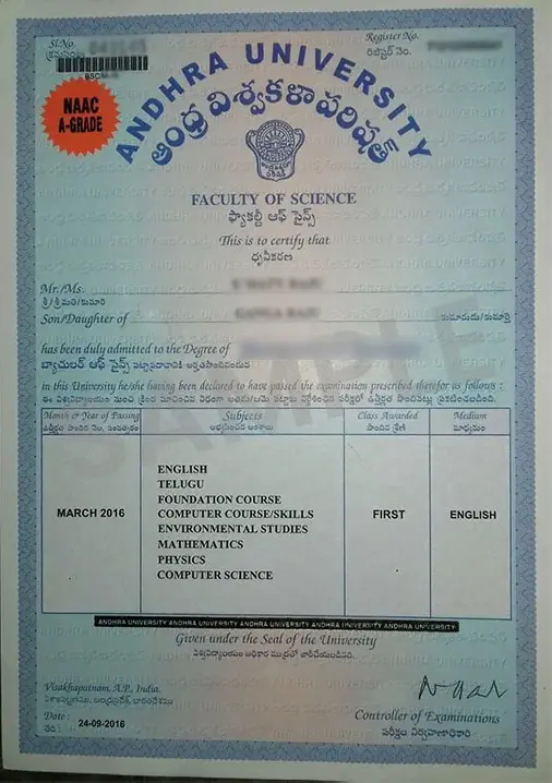 Andhra University Online Sample Degree