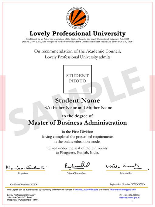 Lovely Professional University (LPU) Online Sample Degree
